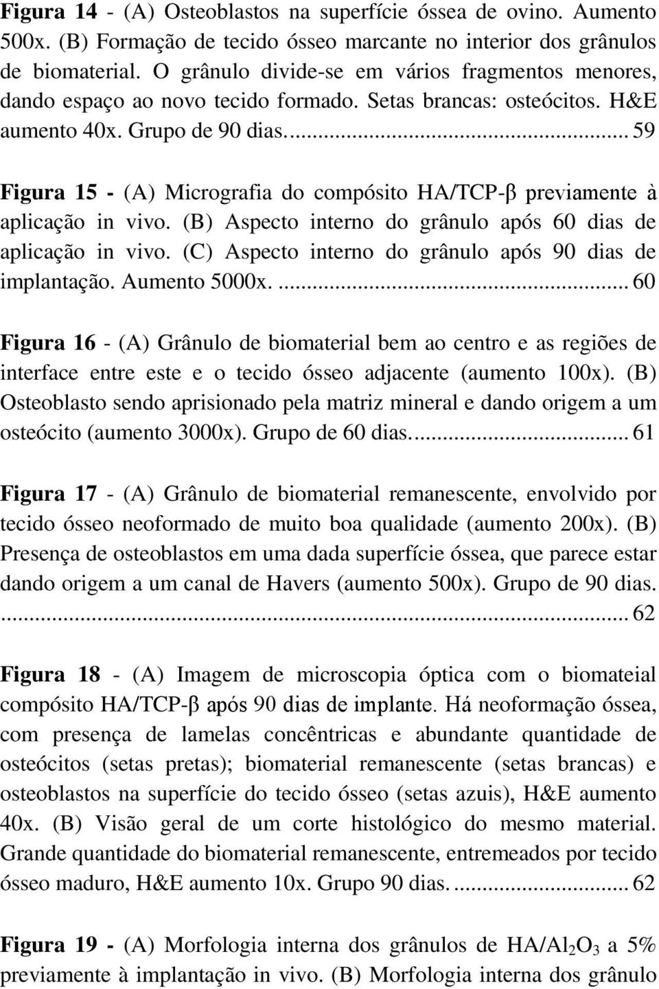 ... 59 Figura 15 - (A) Micrografia do compósito HA/TCP-β previamente à aplicação in vivo. (B) Aspecto interno do grânulo após 60 dias de aplicação in vivo.