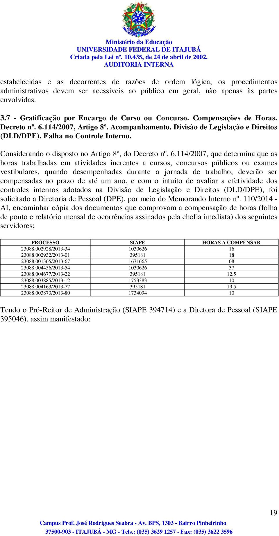 Considerando o disposto no Artigo 8º, do Decreto nº. 6.