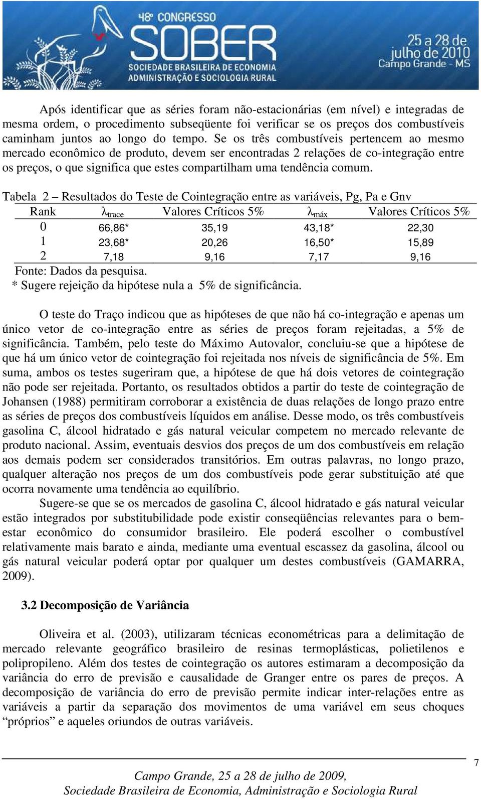 Tabela 2 Resultados do Teste de Cointegração entre as variáveis, Pg, Pa e Gnv Rank λ trace Valores Críticos 5% λ máx Valores Críticos 5% 0 66,86* 35,19 43,18* 22,30 1 23,68* 20,26 16,50* 15,89 2 7,18