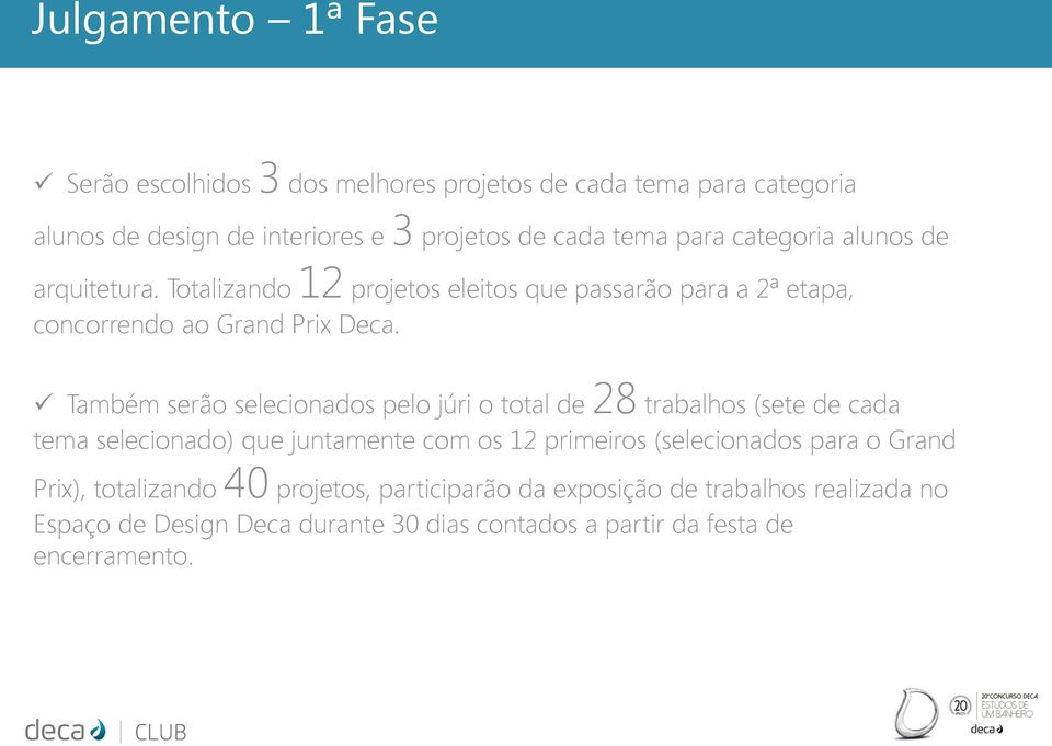 Também serão selecionados pelo júri o total de 28 trabalhos (sete de cada tema selecionado) que juntamente com os 12 primeiros (selecionados para o