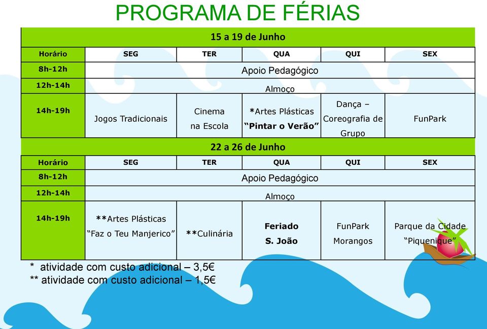 TER QUA QUI SEX 8h-12h 12h-14h Apoio Pedagógico Almoço 14h-19h **Artes Plásticas Faz o Teu Manjerico **Culinária Feriado S.