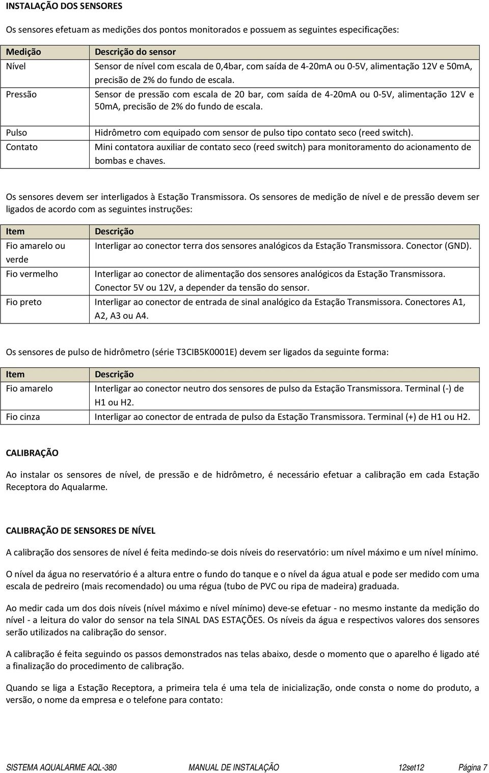 Sensor de pressão com escala de 20 bar, com saída de 4-20mA ou 0-5V, alimentação 12V e 50mA, precisão de 2% do fundo de escala.