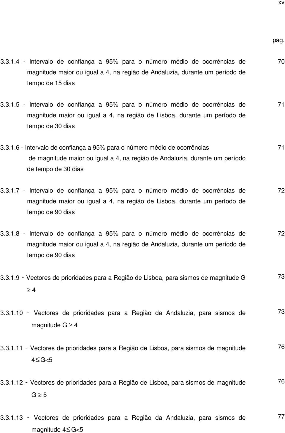 3.1.8 - Intervalo de confiança a 95% para o número médio de ocorrências de magnitude maior ou igual a 4, na região de Andaluzia, durante um período de tempo de 90 dias 72 3.3.1.9 - Vectores de prioridades para a Região de Lisboa, para sismos de magnitude G 73 4 3.