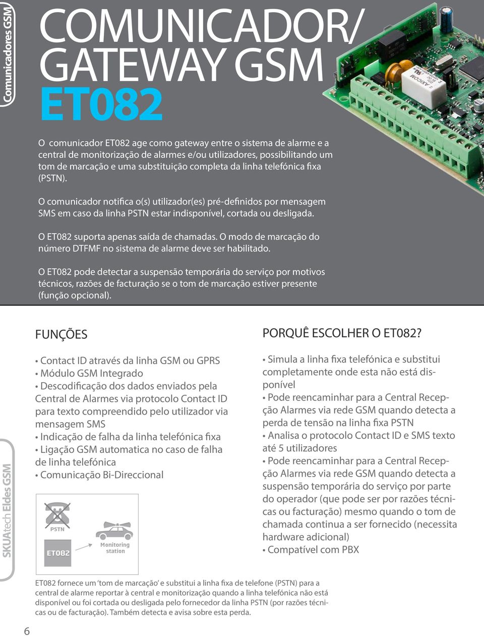 O comunicador notifica o(s) utilizador(es) pré-definidos por mensagem SMS em caso da linha PSTN estar indisponível, cortada ou desligada. O ET082 suporta apenas saída de chamadas.