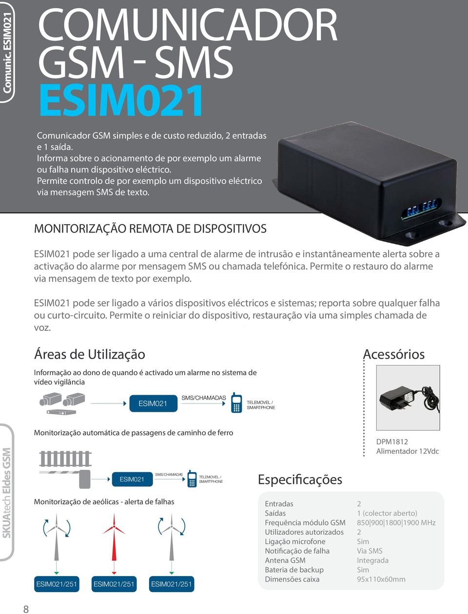 MONITORIZAÇÃO REMOTA DE DISPOSITIVOS ESIM021 pode ser ligado a uma central de alarme de intrusão e instantâneamente alerta sobre a activação do alarme por mensagem SMS ou chamada telefónica.