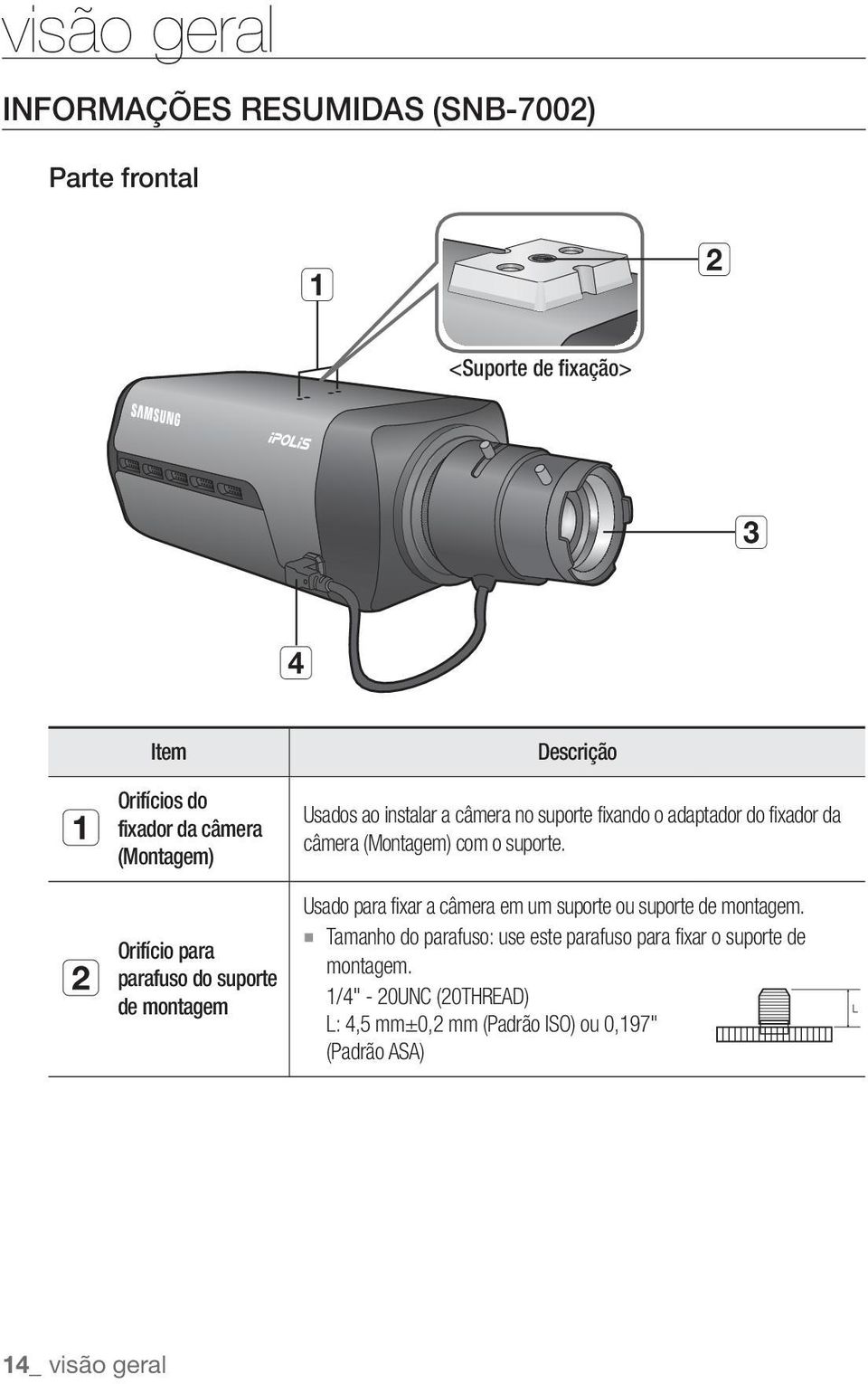 b Orifício para parafuso do suporte de montagem Usado para fixar a câmera em um suporte ou suporte de montagem.