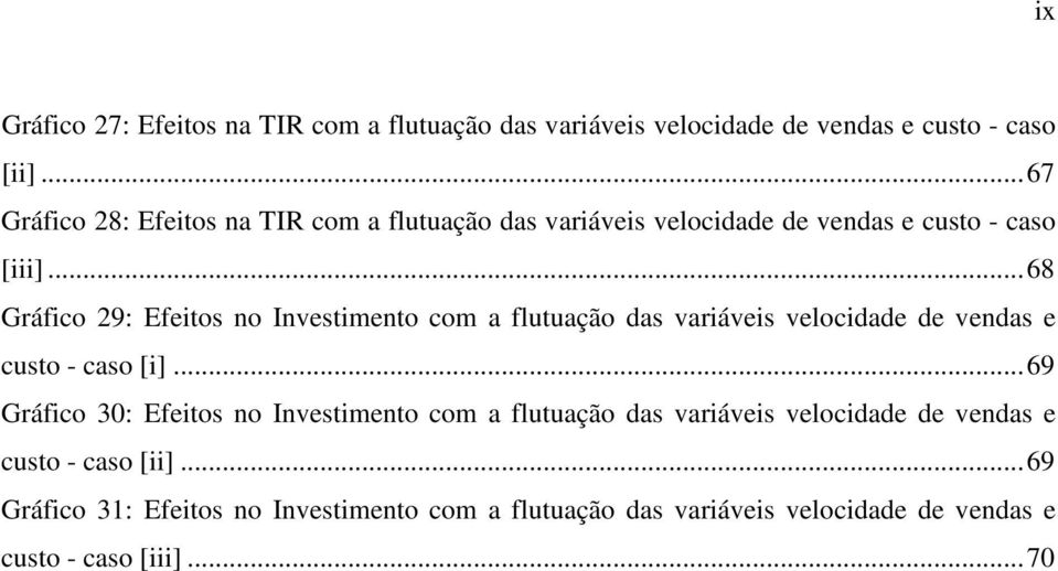 .. 68 Gráfico 29: Efeitos no Investimento com a flutuação das variáveis velocidade de vendas e custo - caso [i].