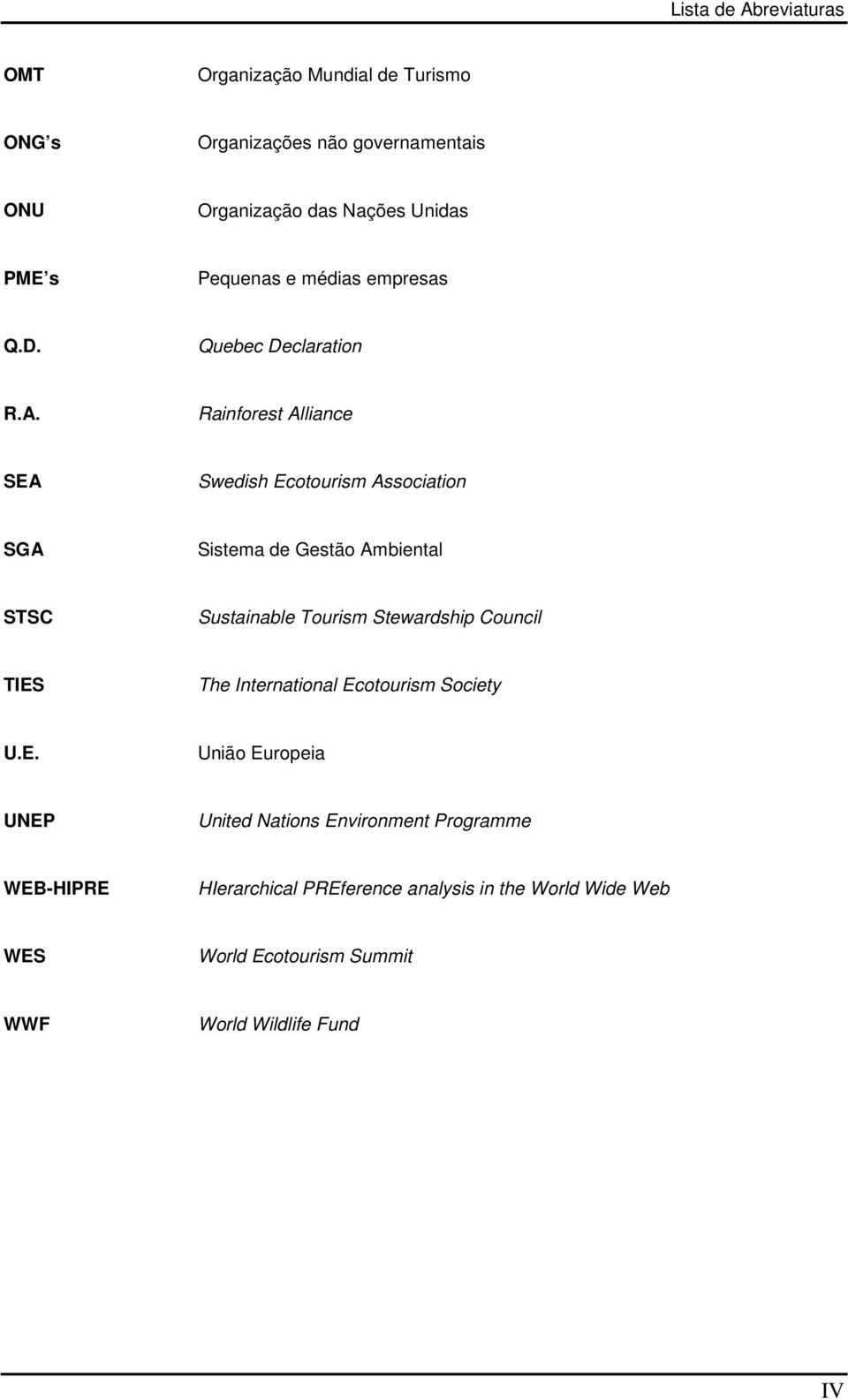 Rainforest Alliance SEA Swedish Ecotourism Association SGA Sistema de Gestão Ambiental STSC Sustainable Tourism Stewardship Council TIES