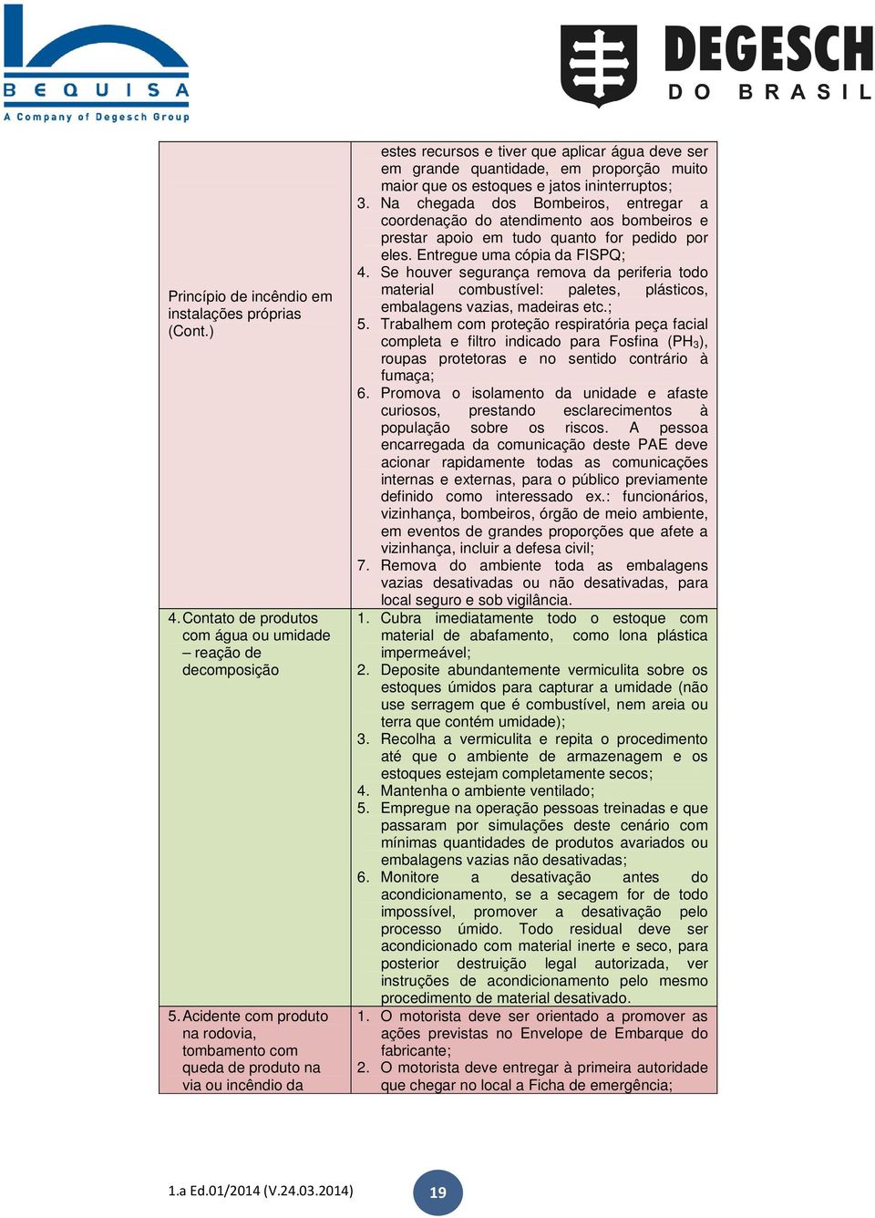 e jatos ininterruptos; 3. Na chegada dos Bombeiros, entregar a coordenação do atendimento aos bombeiros e prestar apoio em tudo quanto for pedido por eles. Entregue uma cópia da FISPQ; 4.