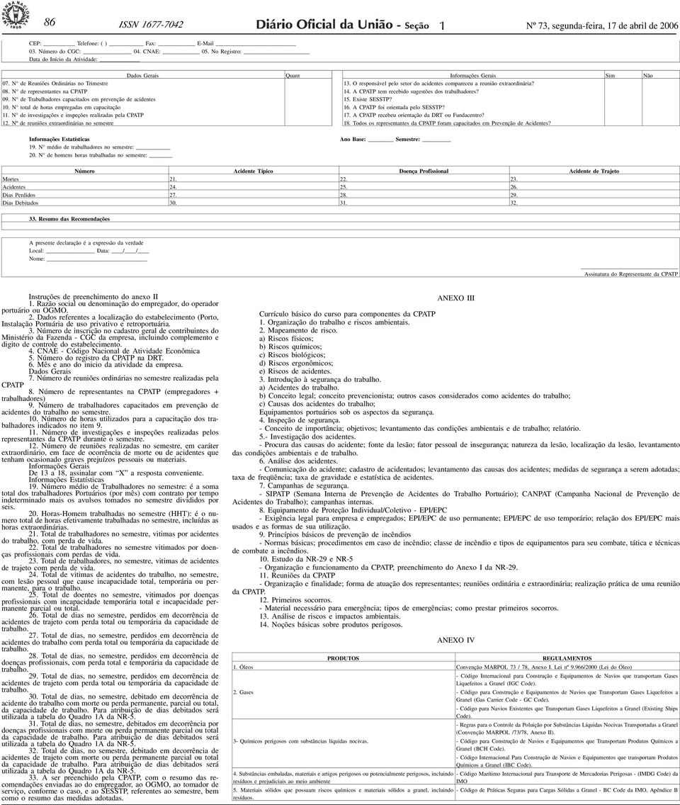 N de representntes n CPATP 14. A CPATP tem recebido sugestões dos trblhdores? 09. N de Trblhdores cpcitdos em prevenção de cidentes 15. Existe SESSTP? 10. N totl de hors empregds em cpcitção 16.