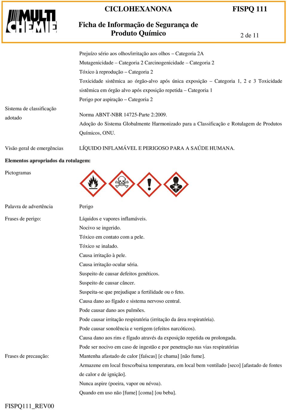 Categoria 2 Norma ABNT-NBR 14725-Parte 2:2009. Adoção do Sistema Globalmente Harmonizado para a Classificação e Rotulagem de Produtos Químicos, ONU. LÍQUIDO INFLAMÁVEL E PERIGOSO PARA A SAÚDE HUMANA.