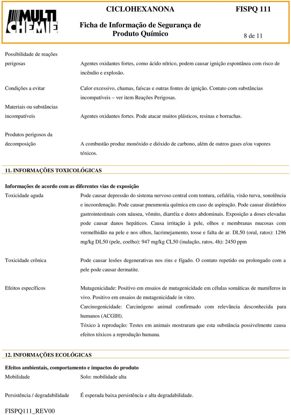 Pode atacar muitos plásticos, resinas e borrachas. Produtos perigosos da decomposição A combustão produz monóxido e dióxido de carbono, além de outros gases e/ou vapores tóxicos. 11.