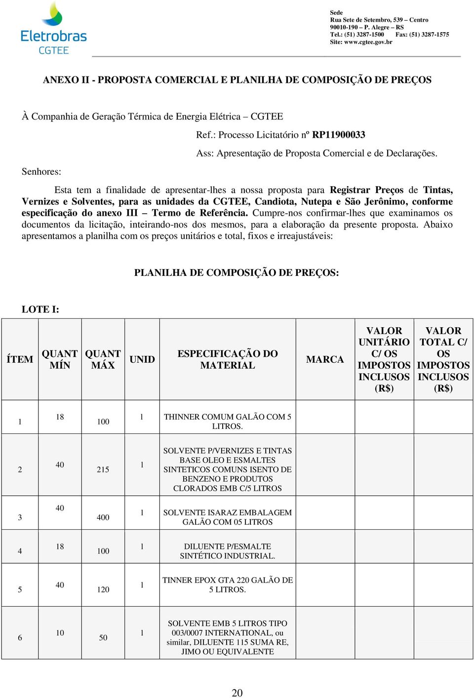 Esta tem a finaidade de apresentar-hes a nossa proposta para Registrar Preços de Tintas, Vernizes e Soventes, para as unidades da CGTEE, Candiota, Nutepa e São Jerônimo, conforme especificação do