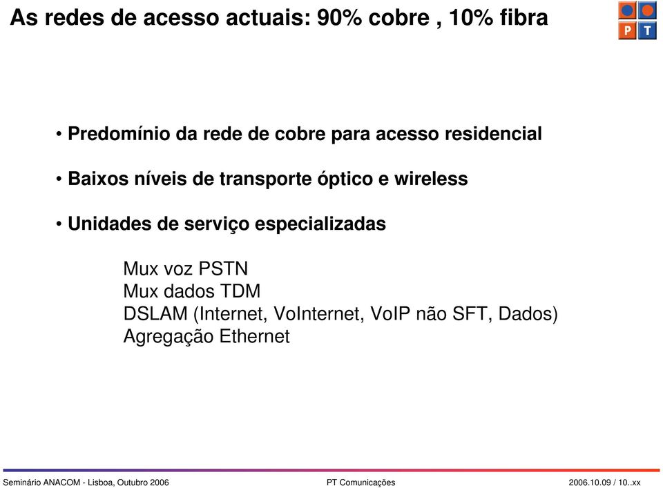 especializadas Mux voz PSTN Mux dados TDM DSLAM (Internet, VoInternet, VoIP não SFT,