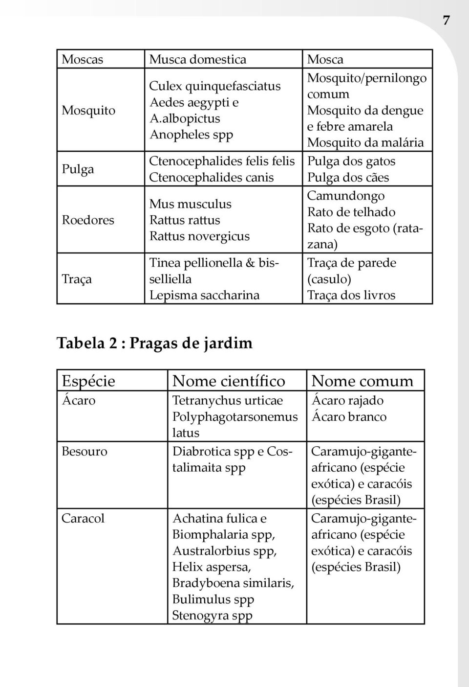 Mosquito da dengue e febre amarela Mosquito da malária Pulga dos gatos Pulga dos cães Camundongo Rato de telhado Rato de esgoto (ratazana) Traça de parede (casulo) Traça dos livros Tabela 2 : Pragas