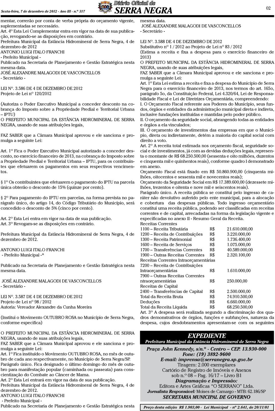 Prefeitura Municipal da Estância Hidromineral de Serra Negra, 4 de dezembro de 2012 ANTONIO LUIGI ITALO FRANCHI - Prefeito Municipal - Publicado na Secretaria de Planejamento e Gestão Estratégica