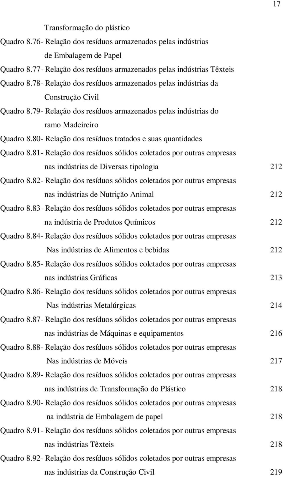 80- Relação dos resíduos tratados e suas quantidades Quadro 8.81- Relação dos resíduos sólidos coletados por outras empresas nas indústrias de Diversas tipologia 212 Quadro 8.