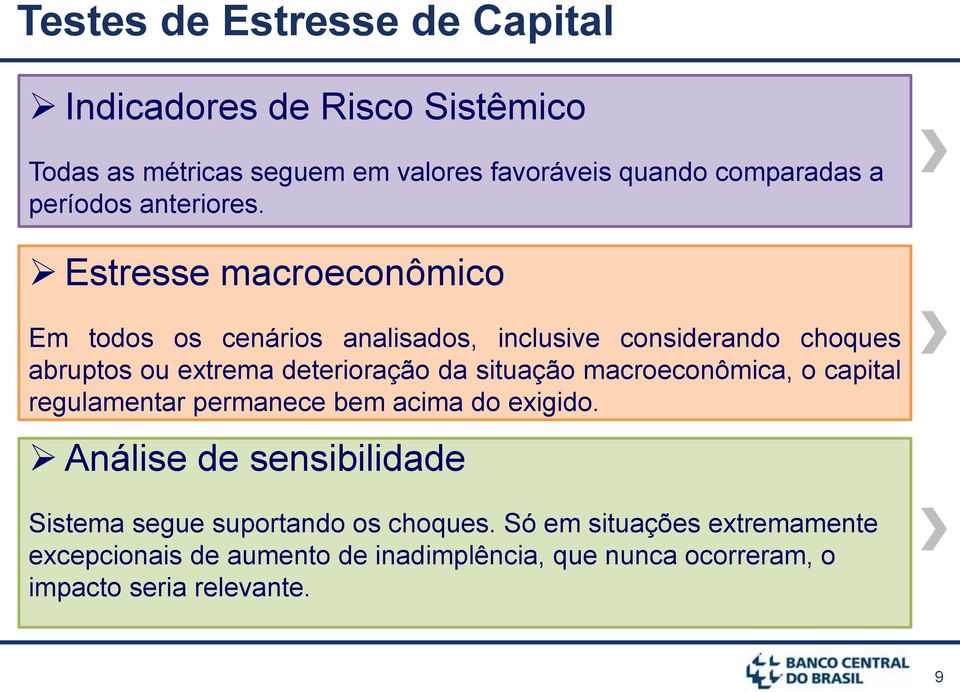 Estresse macroeconômico Em todos os cenários analisados, inclusive considerando choques abruptos ou extrema deterioração da situação