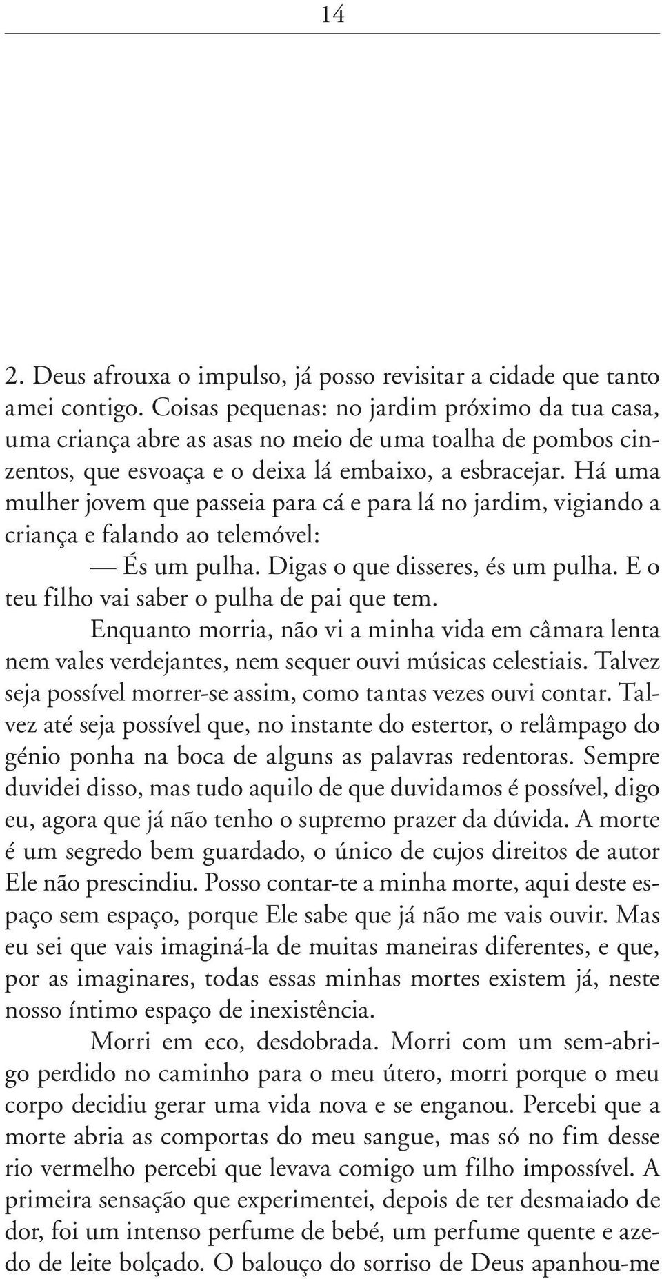 Há uma mulher jovem que passeia para cá e para lá no jardim, vigiando a criança e falando ao telemóvel: És um pulha. Digas o que disseres, és um pulha. E o teu filho vai saber o pulha de pai que tem.