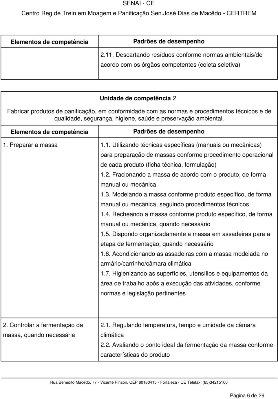 procedimentos técnicos e de qualidade, segurança, higiene, saúde e preservação ambiental. Elementos de competência Padrões de desempenho 1.