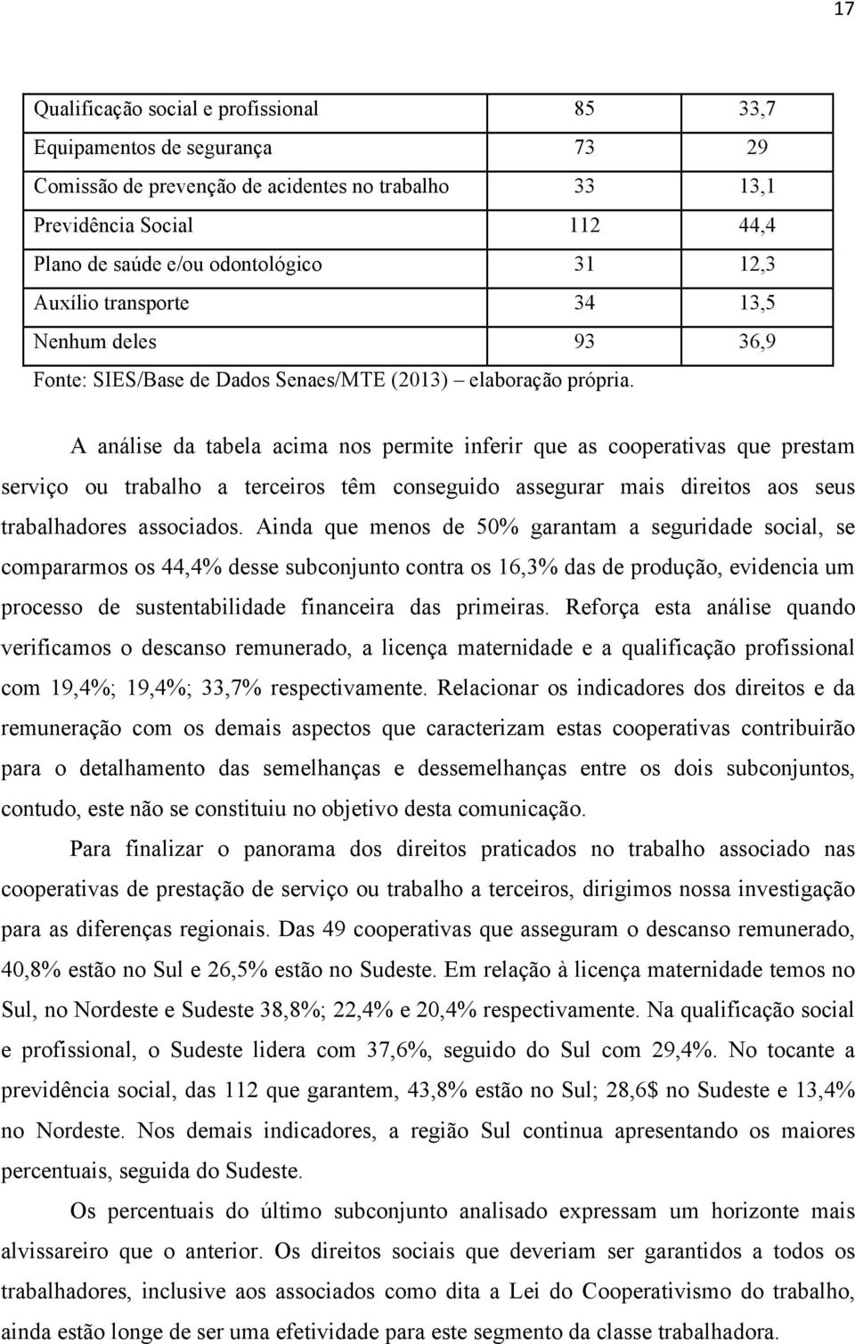 A análise da tabela acima nos permite inferir que as cooperativas que prestam serviço ou trabalho a terceiros têm conseguido assegurar mais direitos aos seus trabalhadores associados.