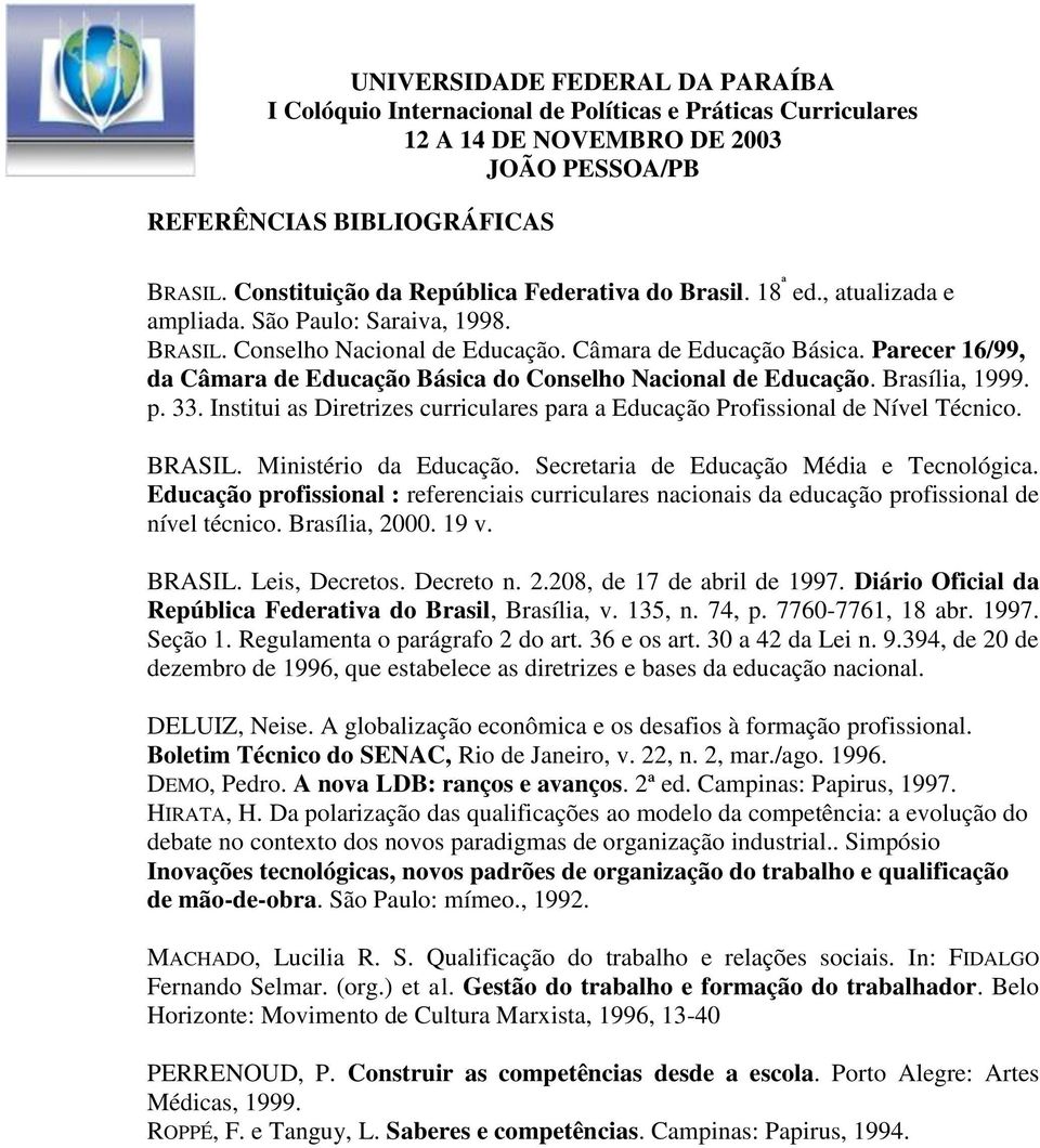 Institui as Diretrizes curriculares para a Educação Profissional de Nível Técnico. BRASIL. Ministério da Educação. Secretaria de Educação Média e Tecnológica.