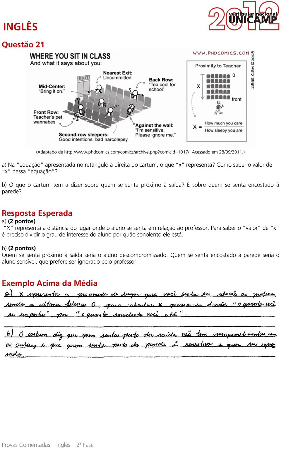 Resposta Esperada a) (2 pontos) X representa a distância do lugar onde o aluno se senta em relação ao professor.