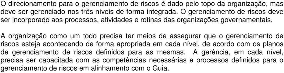 A organização como um todo precisa ter meios de assegurar que o gerenciamento de riscos esteja acontecendo de forma apropriada em cada nível, de acordo com os