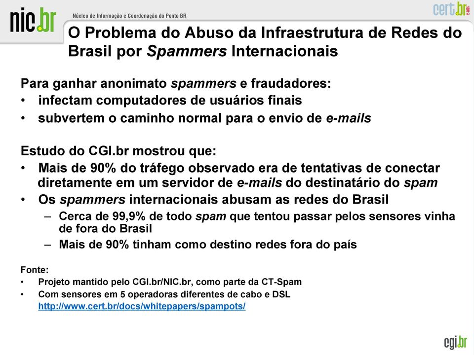 br mostrou que: Mais de 90% do tráfego observado era de tentativas de conectar diretamente em um servidor de e-mails do destinatário do spam Os spammers internacionais abusam as