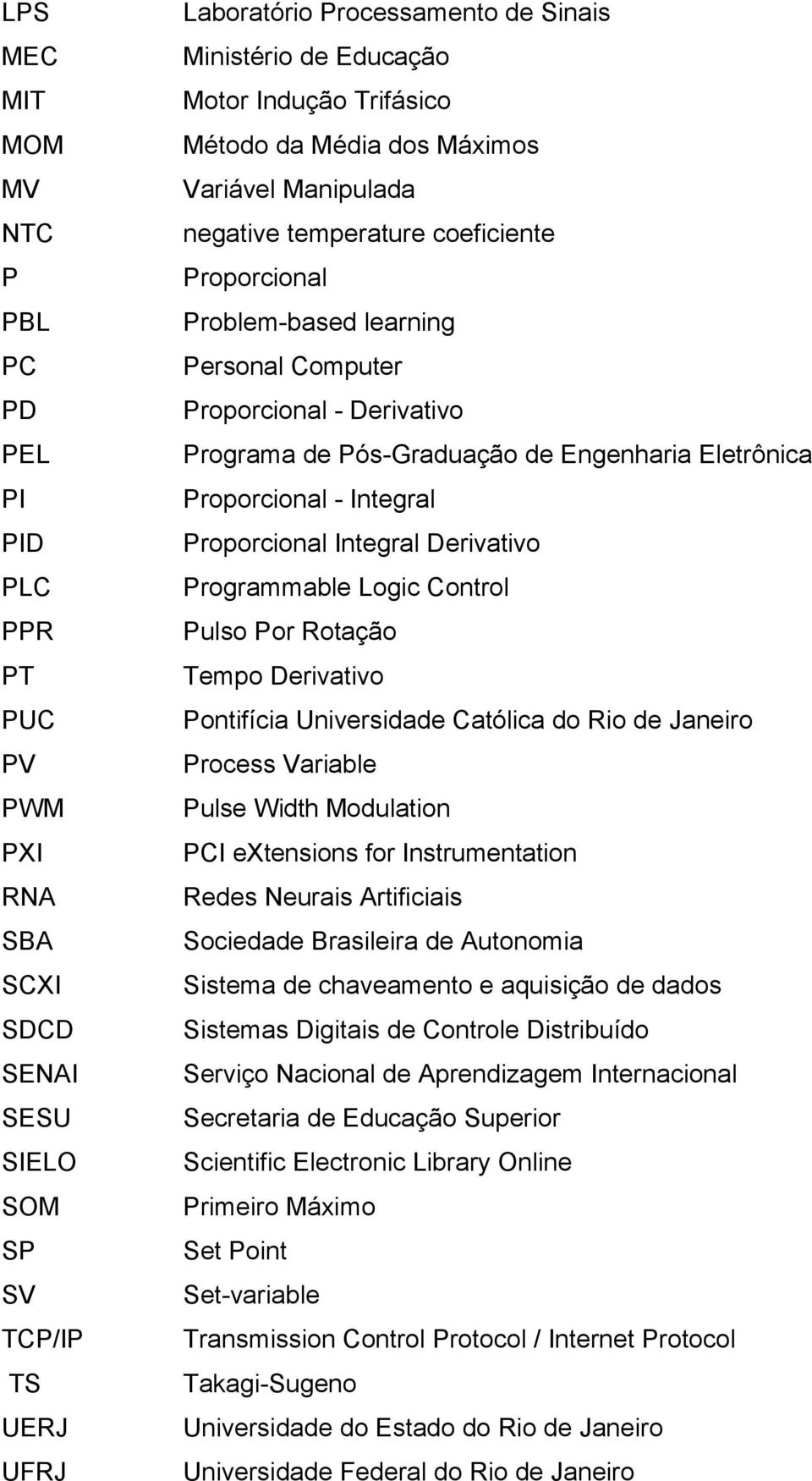 Derivativo PLC Programmable Logic Control PPR Pulso Por Rotação PT Tempo Derivativo PUC Pontifícia Universidade Católica do Rio de Janeiro PV Process Variable PWM Pulse Width Modulation PXI PCI