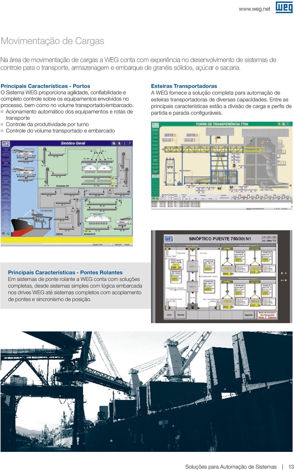 Principais Características - Portos O Sistema WEG proporciona agilidade, confiabilidade e completo controle sobre os equipamentos envolvidos no processo, bem como no volume transportado/embarcado.