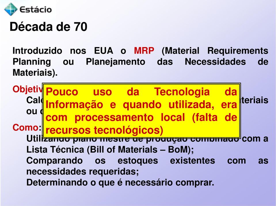 componentes necessários a produção.