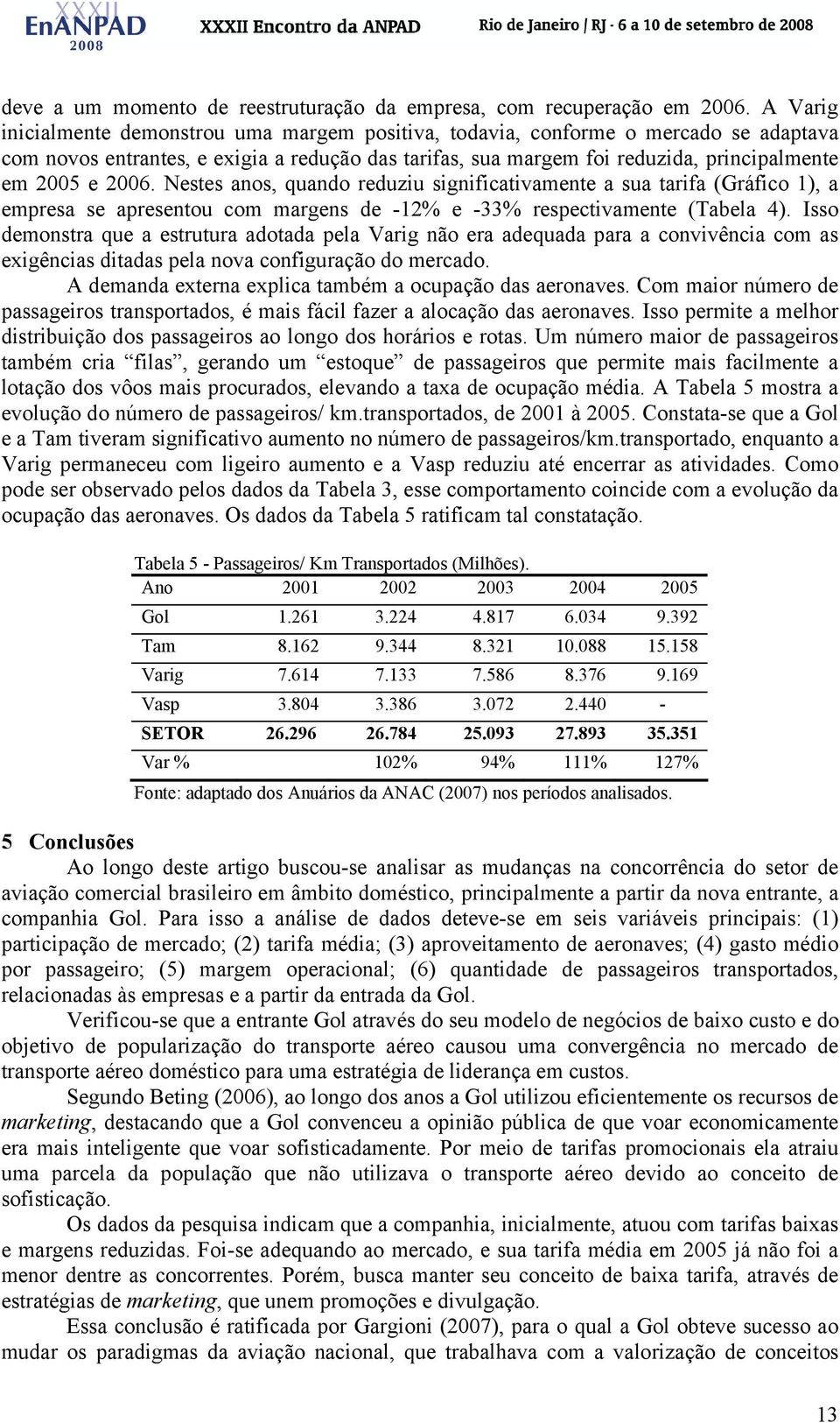 2006. Nestes anos, quando reduziu significativamente a sua tarifa (Gráfico 1), a empresa se apresentou com margens de -12% e -33% respectivamente (Tabela 4).