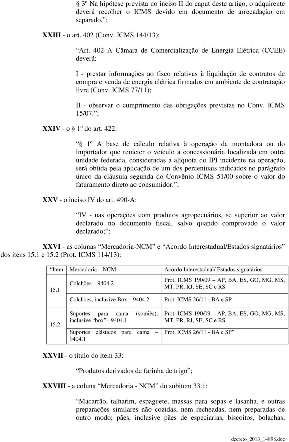 contratação livre (Conv. ICMS 77/11); II - observar o cumprimento das obrigações previstas no Conv. ICMS 15/07. ; XXIV - o 1º do art.