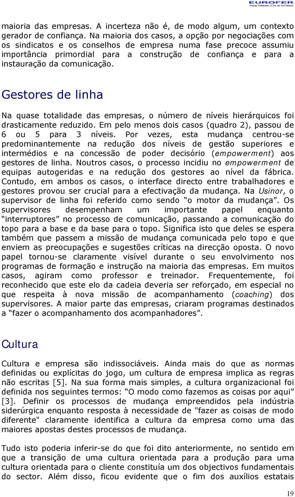 comunicação. Gestores de linha Na quase totalidade das empresas, o número de níveis hierárquicos foi drasticamente reduzido. Em pelo menos dois casos (quadro 2), passou de 6 ou 5 para 3 níveis.