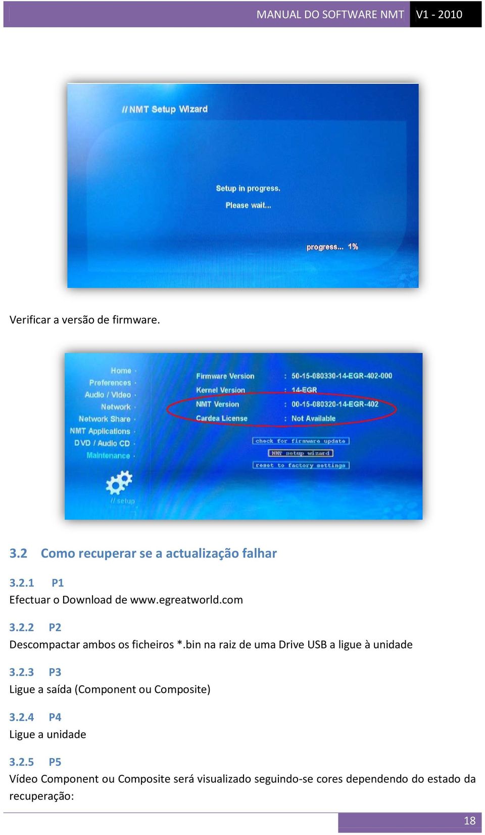 bin na raiz de uma Drive USB a ligue à unidade 3.2.3 P3 Ligue a saída (Component ou Composite) 3.2.4 P4 Ligue a unidade 3.