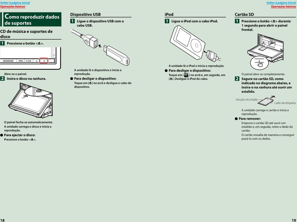 A unidade lê o dispositivo e inicia a reprodução. ööpara desligar o dispositivo: Toque em [G] no ecrã e desligue o cabo do dispositivo. A unidade lê o ipod e inicia a reprodução.