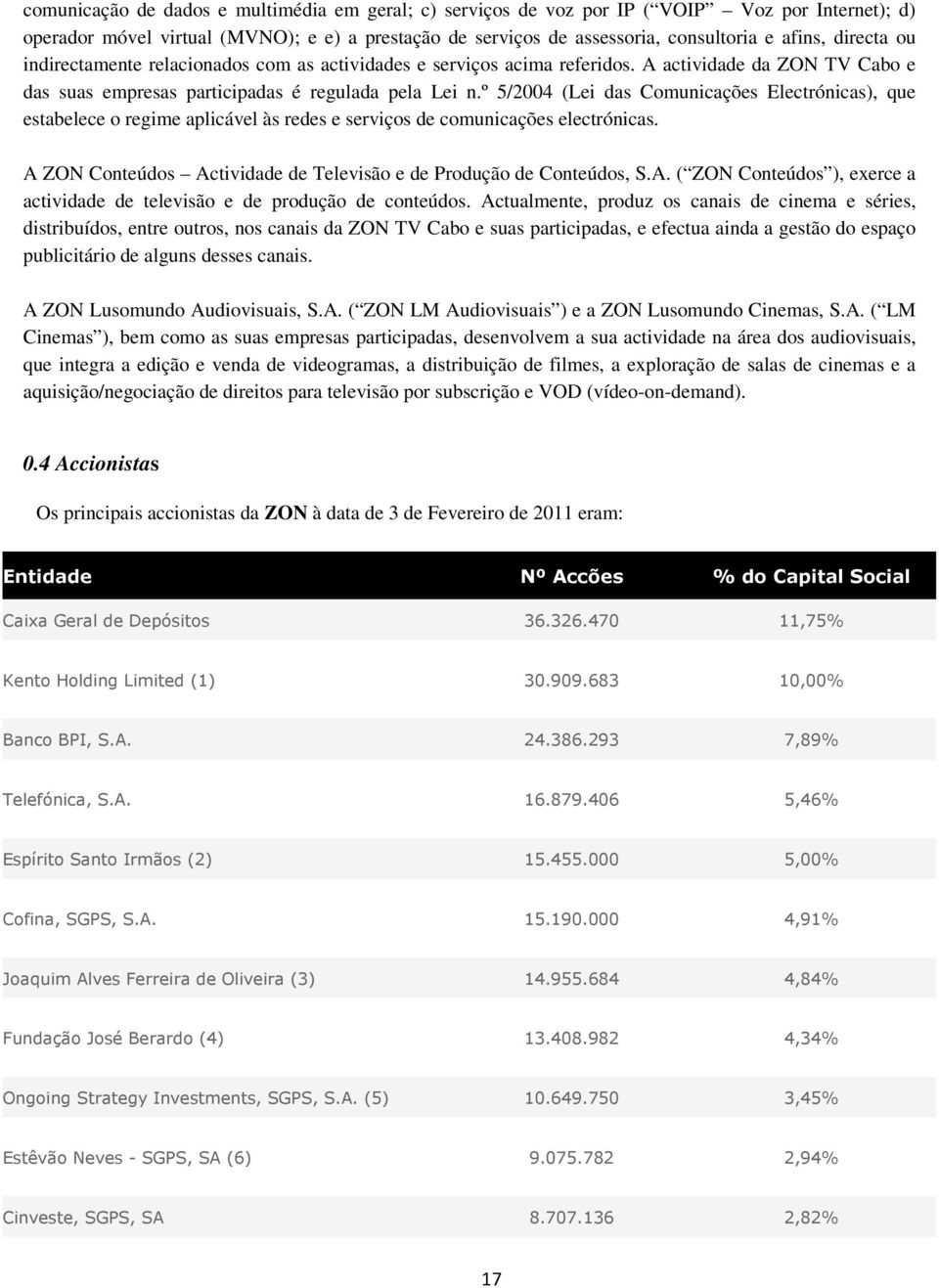 º 5/2004 (Lei das Comunicações Electrónicas), que estabelece o regime aplicável às redes e serviços de comunicações electrónicas. A ZON Conteúdos Actividade de Televisão e de Produção de Conteúdos, S.