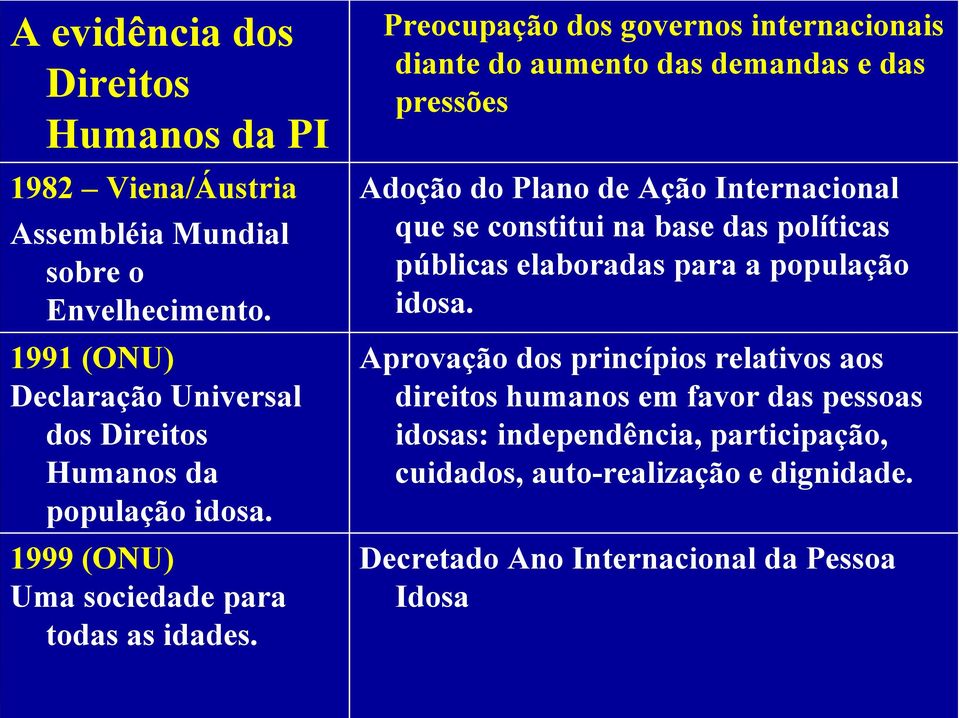 Preocupação dos governos internacionais diante do aumento das demandas e das pressões Adoção do Plano de Ação Internacional que se constitui na base das