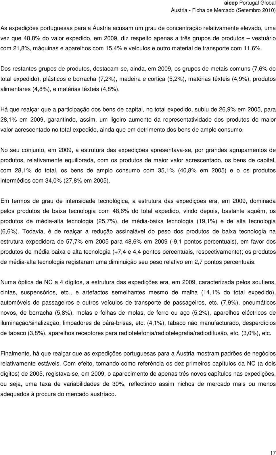 Dos restantes grupos de produtos, destacam-se, ainda, em 2009, os grupos de metais comuns (7,6% do total expedido), plásticos e borracha (7,2%), madeira e cortiça (5,2%), matérias têxteis (4,9%),