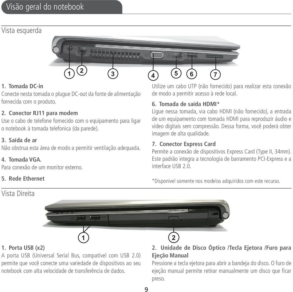 Rede Ethernet Vista Direita 7 Utilize um cabo UTP (não fornecido) para realizar esta conexão de modo a permitir acesso à rede local. 6.