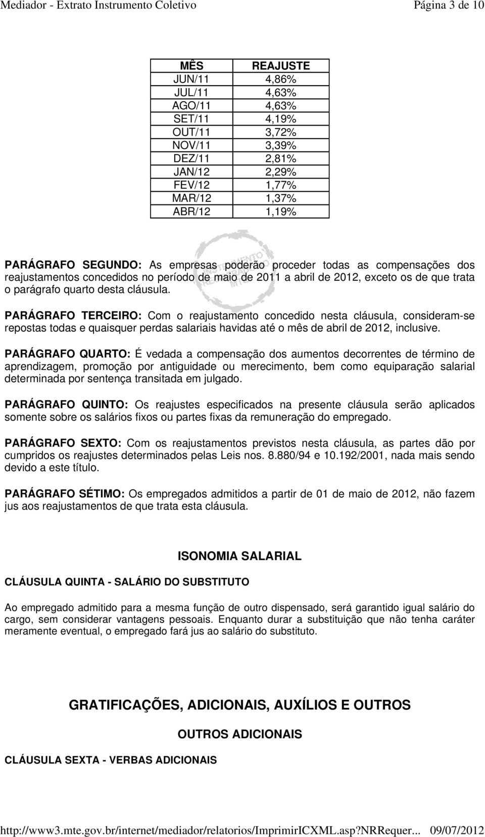 PARÁGRAFO TERCEIRO: Com o reajustamento concedido nesta cláusula, consideram-se repostas todas e quaisquer perdas salariais havidas até o mês de abril de 2012, inclusive.