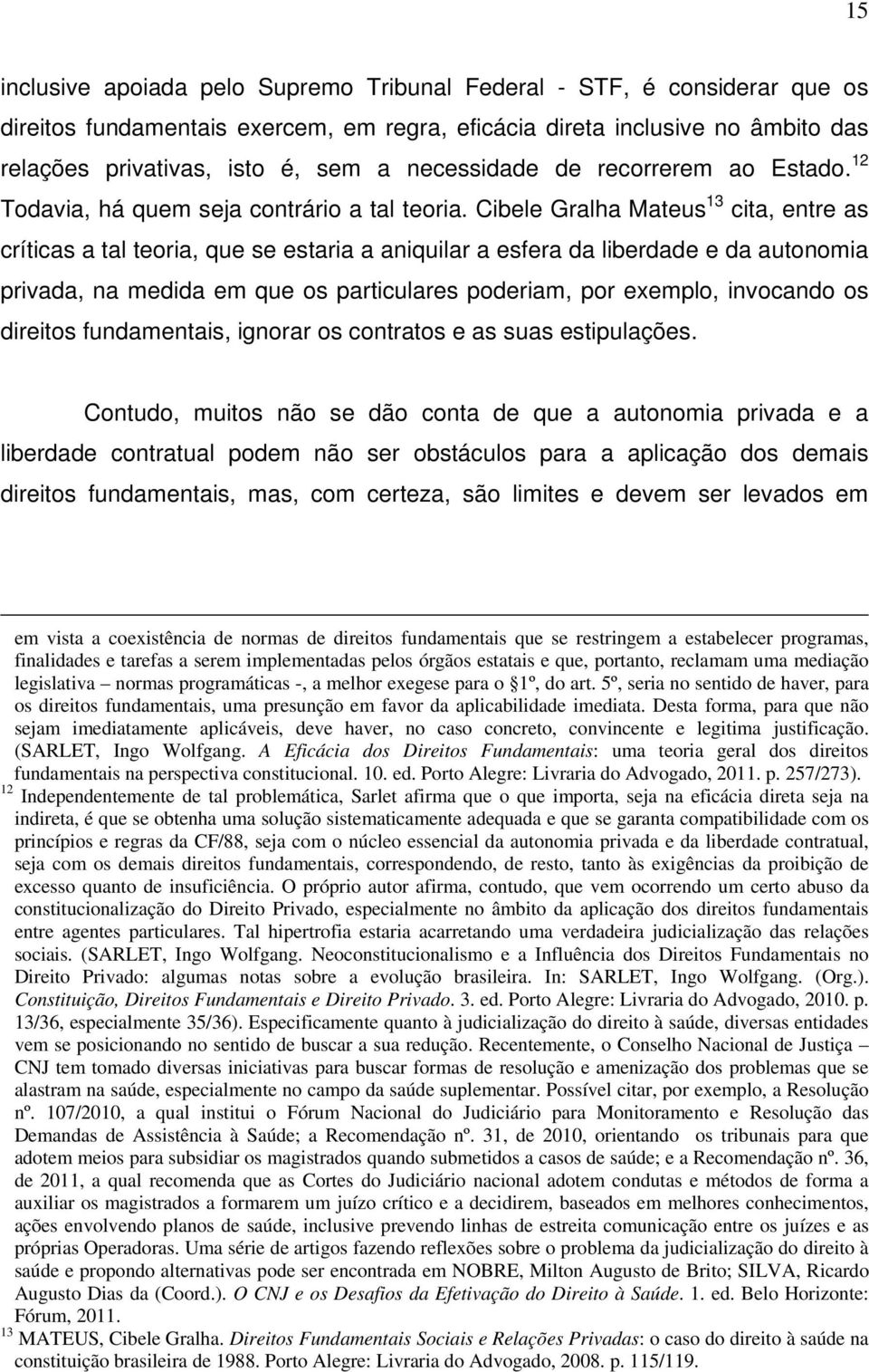 Cibele Gralha Mateus 13 cita, entre as críticas a tal teoria, que se estaria a aniquilar a esfera da liberdade e da autonomia privada, na medida em que os particulares poderiam, por exemplo,