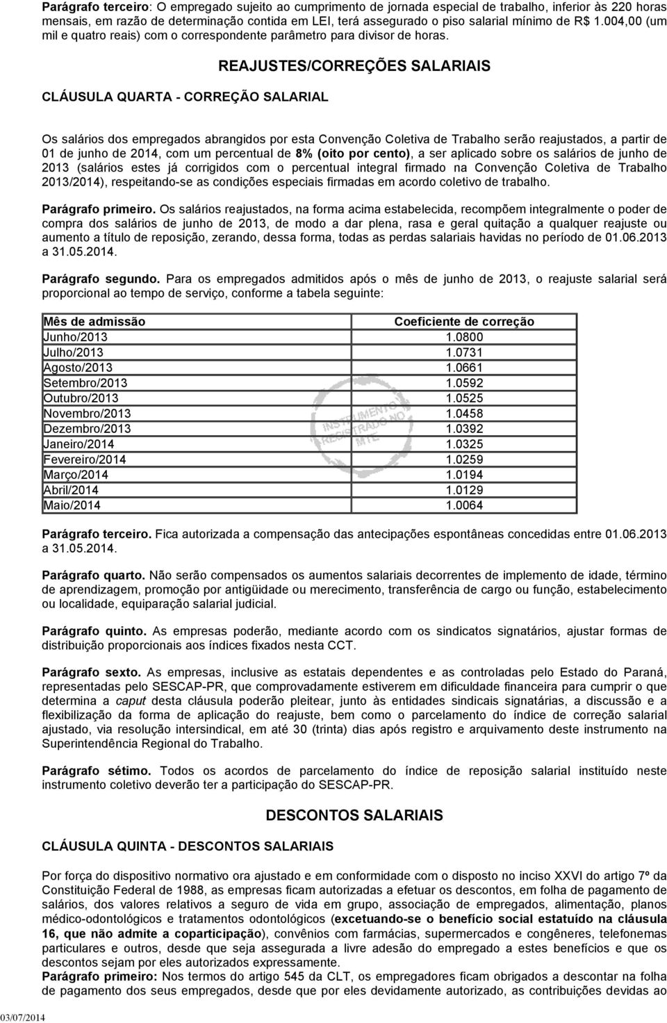 CLÁUSULA QUARTA - CORREÇÃO SALARIAL REAJUSTES/CORREÇÕES SALARIAIS Os salários dos empregados abrangidos por esta Convenção Coletiva de Trabalho serão reajustados, a partir de 01 de junho de 2014, com