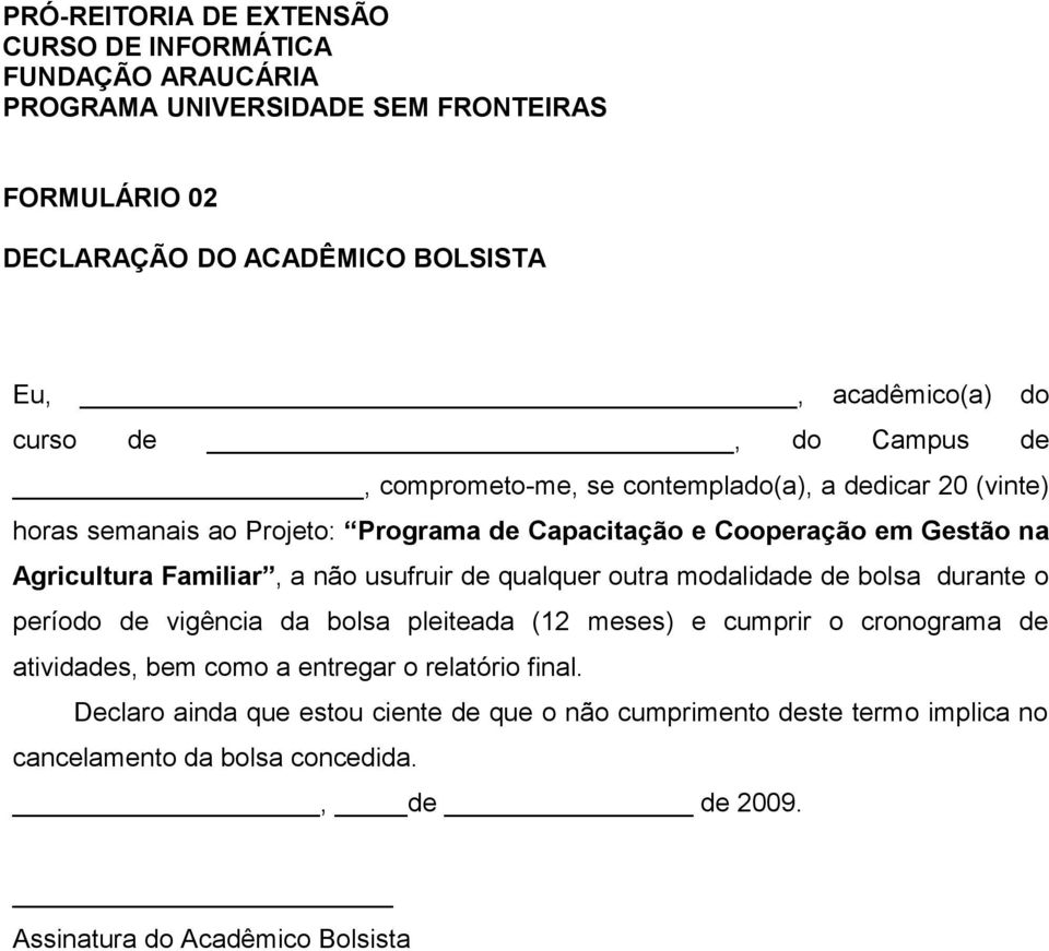 bolsa durante o período de vigência da bolsa pleiteada (12 meses) e cumprir o cronograma de atividades, bem como a entregar o relatório final.