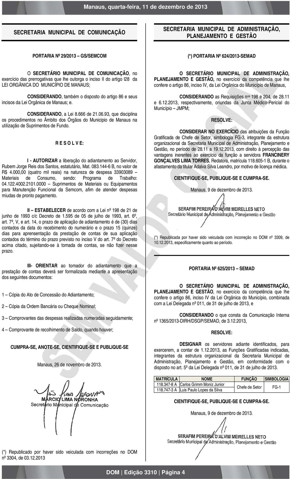 CONSIDERANDO, a Lei 8.666 de 21.06.93, que disciplina os procedimentos no Âmbito dos Órgãos do Municipio de Manaus na utilização de Suprimentos de Fundo.