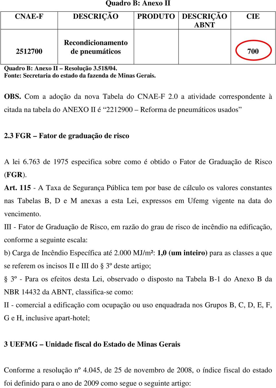 0 a atividade correspondente à citada na tabela do ANEXO II é 2212900 Reforma de pneumáticos usados 2.3 FGR Fator de graduação de risco A lei 6.