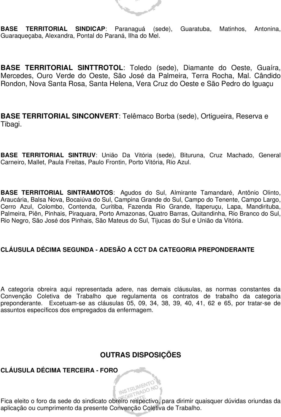 Cândido Rondon, Nova Santa Rosa, Santa Helena, Vera Cruz do Oeste e São Pedro do Iguaçu BASE TERRITORIAL SINCONVERT: Telêmaco Borba (sede), Ortigueira, Reserva e Tibagi.