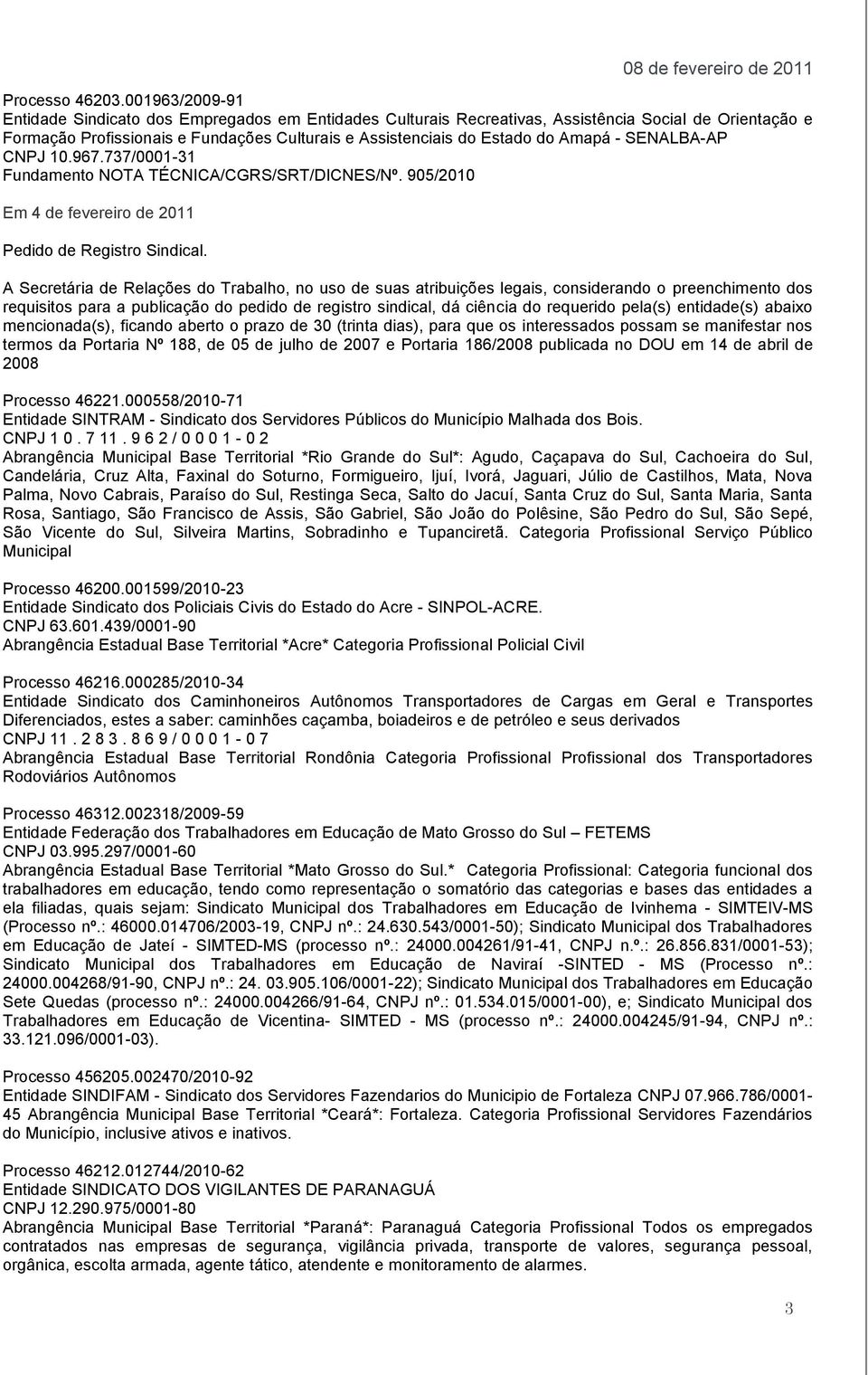 - SENALBA-AP CNPJ 10.967.737/0001-31 Fundamento NOTA TÉCNICA/CGRS/SRT/DICNES/Nº. 905/2010 Em 4 de fevereiro de 2011 Pedido de Registro Sindical.