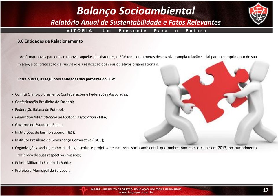 Entre outras, as seguintes entidades são parceiras do ECV: Comitê Olímpico Brasileiro, Confederações e Federações Associadas; Confederação Brasileira de Futebol; Federação Baiana de Futebol;